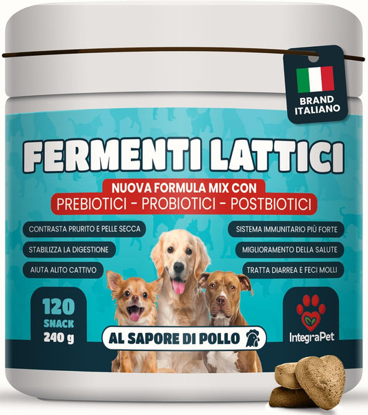 Probiotici Prurito e Alito Cane - Probiotici e Prebiotici Digestivi Snack Naturali, 120 Masticabili al Gusto di Pollo, Prodotti per Cani per il Benessere Intestinale e della Pelle