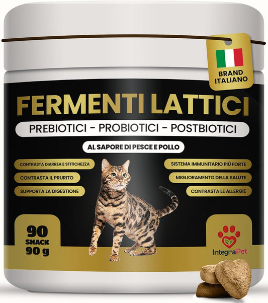 Probiotici per Gatti con Fermenti Lattici per Gatti - Probiotici Digestivi Prebiotici, 90 Snack Naturali al Gusto Pollo per Regolarità Intestinale e Difese Immunitarie