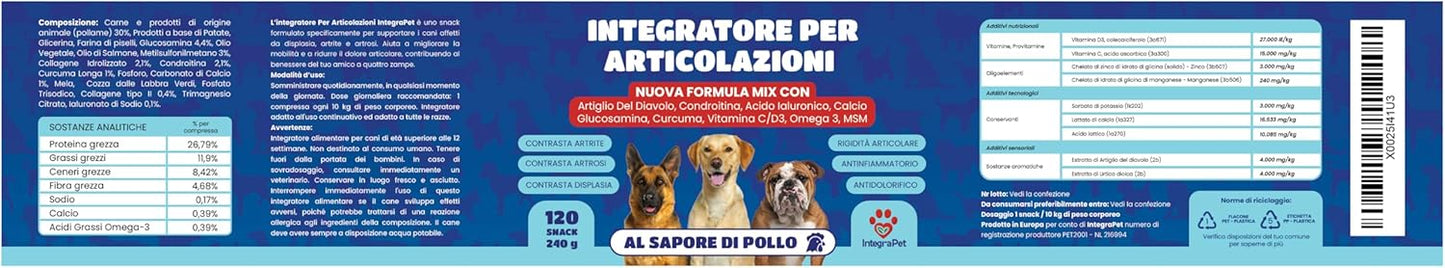 Joints Supplement for Dogs - Supplements for Dogs with Collagen and Magnesium, Glucosamine and Hyaluronic Acid, 120 Chewable Snacks for Mobility and Bones