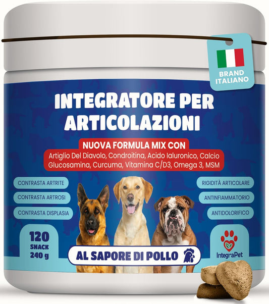 Integratore per Articolazioni per Cani - Integratori per Cani con Collagene e Magnesio, Glucosamina e Acido Ialuronico, 120 Snack Masticabili per Mobilità e Ossa