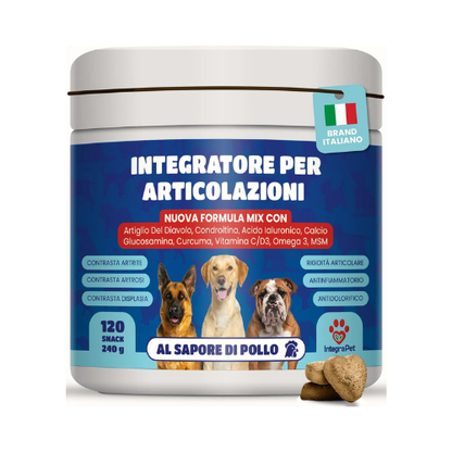 Integratore per Articolazioni per Cani - Integratori per Cani con Collagene e Magnesio, Glucosamina e Acido Ialuronico, 120 Snack Masticabili per Mobilità e Ossa