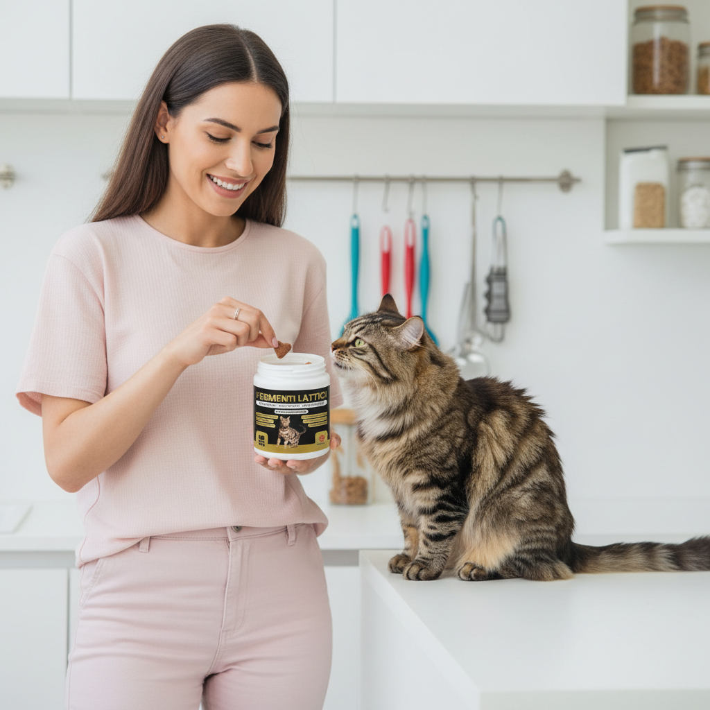 Model giving treat directly to Cat